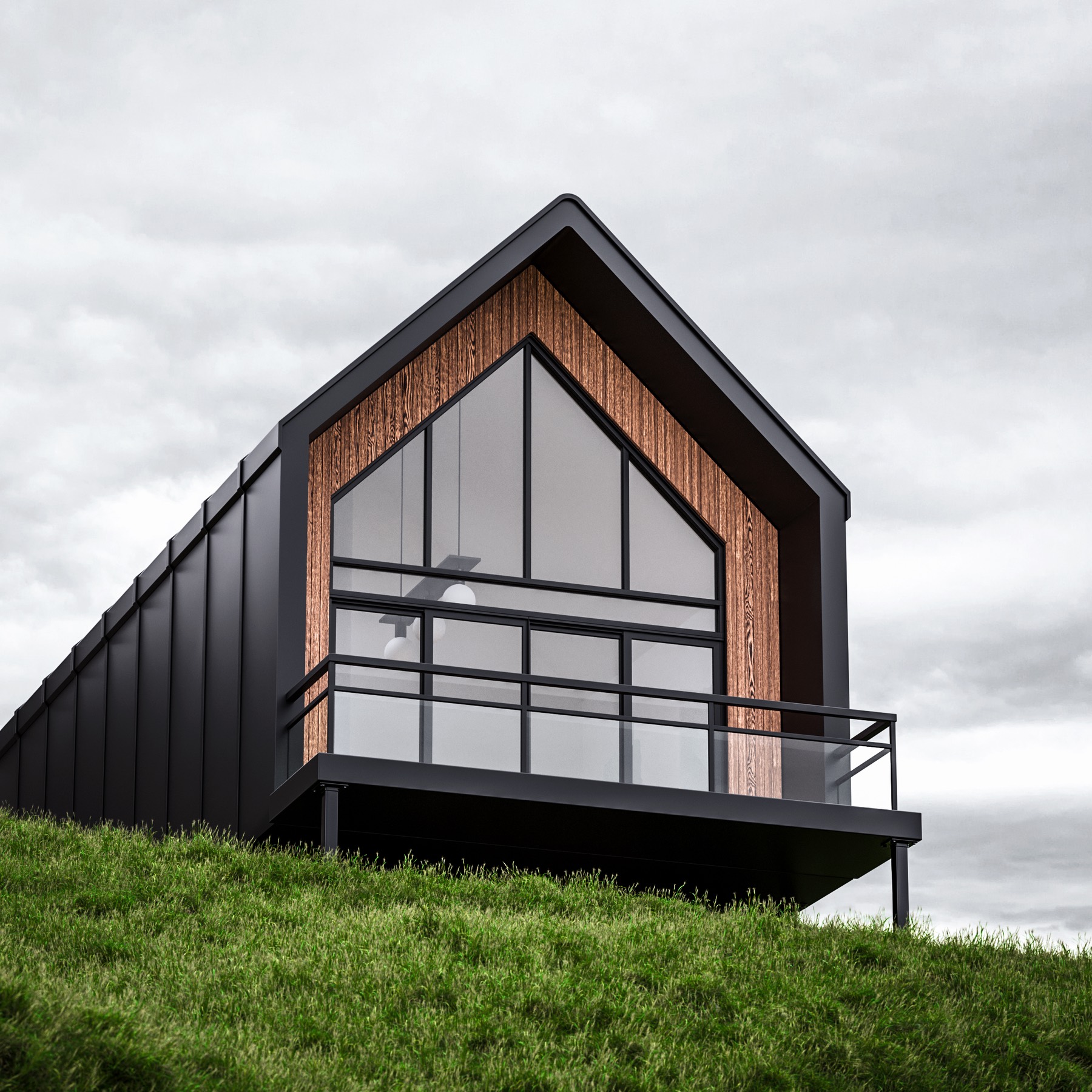 The Stockman — pavilion shed home with a glazed gable end on a grassy hillside